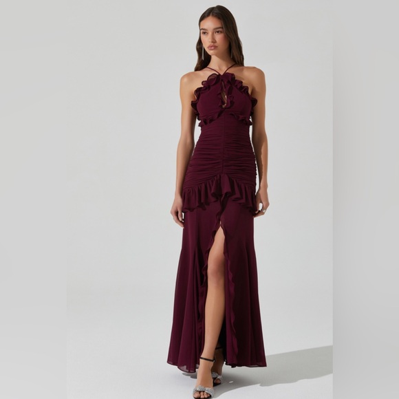 ASTR Burgundy Ruffle Halter Maxi Dress